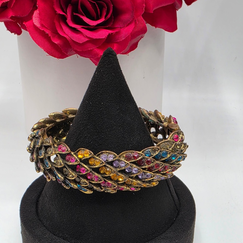 Vintage Style Multi Color Rhinestone Hinged Bangle Gold Tone Leaf‎ Statement